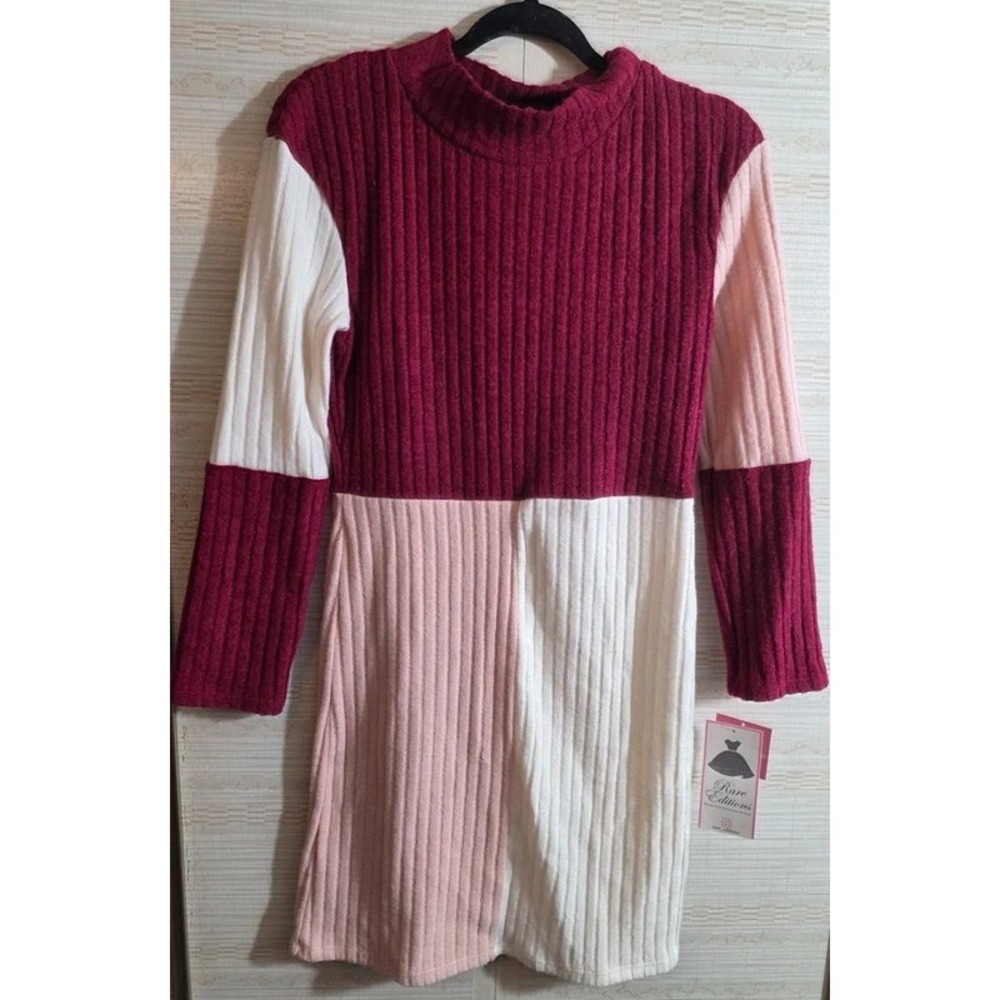 Rare Editions Girls Berry Pink Colorblock Ribbed Knit Sweater Dress Size 16 NWT